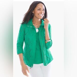 Chico's 100% Linen Embroidered Jacket. 1 (M) Zip Pockets Eyelet Lagenlook Boho